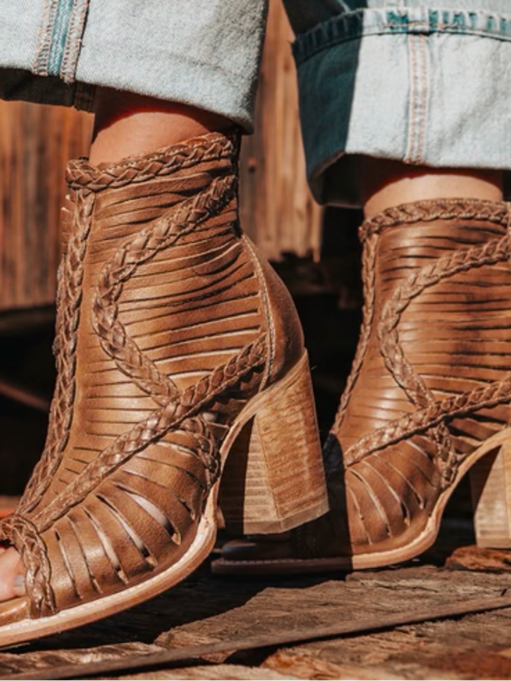 freebird Brown Braided Leather Peep-Toe Ankle Booties
